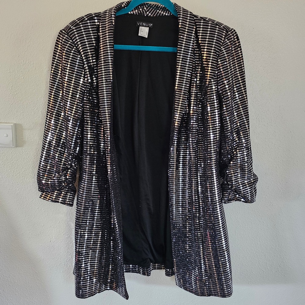 Venus Sequin Blazer Womens 14 Black Silver Ruched 3/4 Sleeve Open Front Z83578